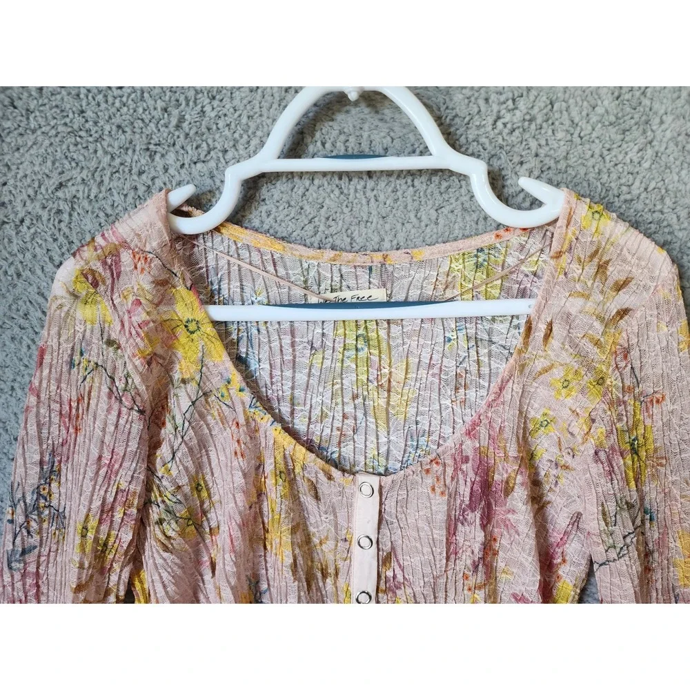 Free People Angelina Floral Print Semi Sheer Crop‎ Top Women Large Long Sleeve